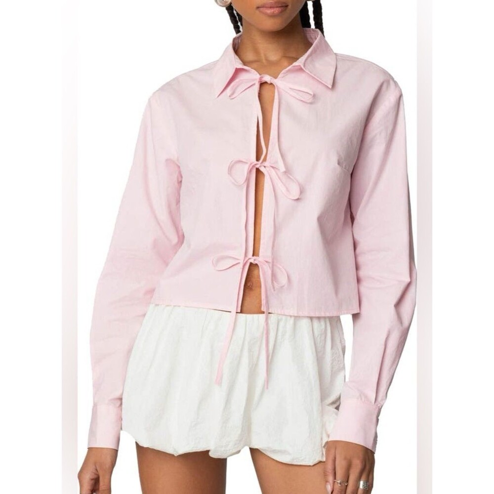 Edikted Melrose Cotton Tie Front Long Sleeve Shirt Baby Pink Size XS